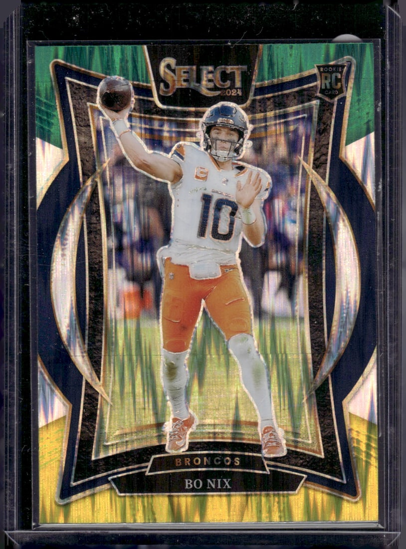 Bo Nix Rookie Card Green/Yellow Shock Prizm 2024 Select #30 Denver Broncos: Panini Select, Prizm, Mosaic, Contenders, Zenith, Phoenix, Illusions, Absolute, Rookie NFL Sports Trading Cards, SP, SSP, Cards, Football Cards for Sale Near Me, Superbowl & Hall of Fame Player Cards,
