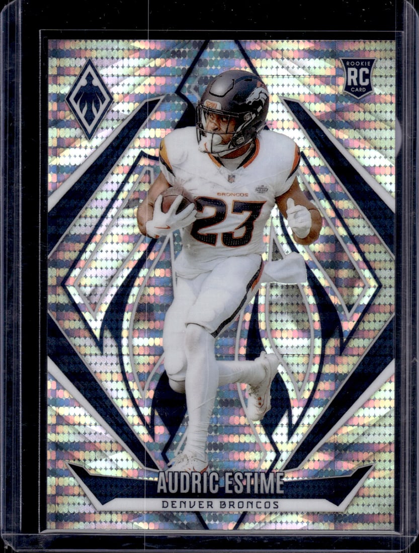 Audric Estime Rookie Card Pulsar /200 2024 Phoenix #156 Denver Broncos: Panini Select, Prizm, Mosaic, Contenders, Zenith, Phoenix, Illusions, Absolute, Rookie NFL Sports Trading Cards, SP, SSP, Cards, Football Cards for Sale Near Me, Superbowl & Hall of Fame Player Cards,