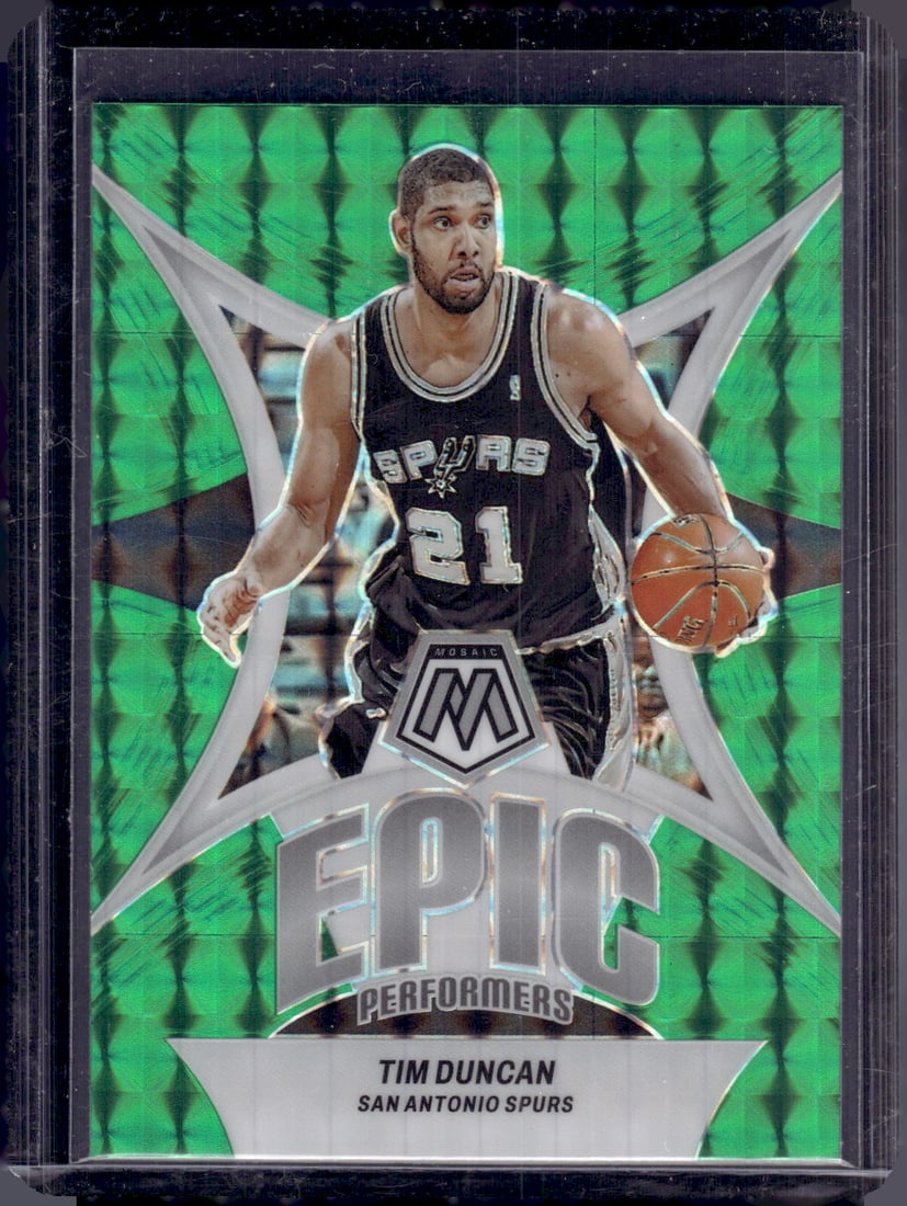 Tim Duncan Epic Performers Green Mosaic Prizm 2023-24 Mosaic #19 Spurs: Panini Select, Prizm, Mosaic, Contenders, Revolution, Phoenix, NBA Hoops, Rookie NFL Sports Trading Cards, Silver, SP, SSP, Wave Prizms, Numbered Cards, Basketball sports Cards for Sale Near Me, NBA C