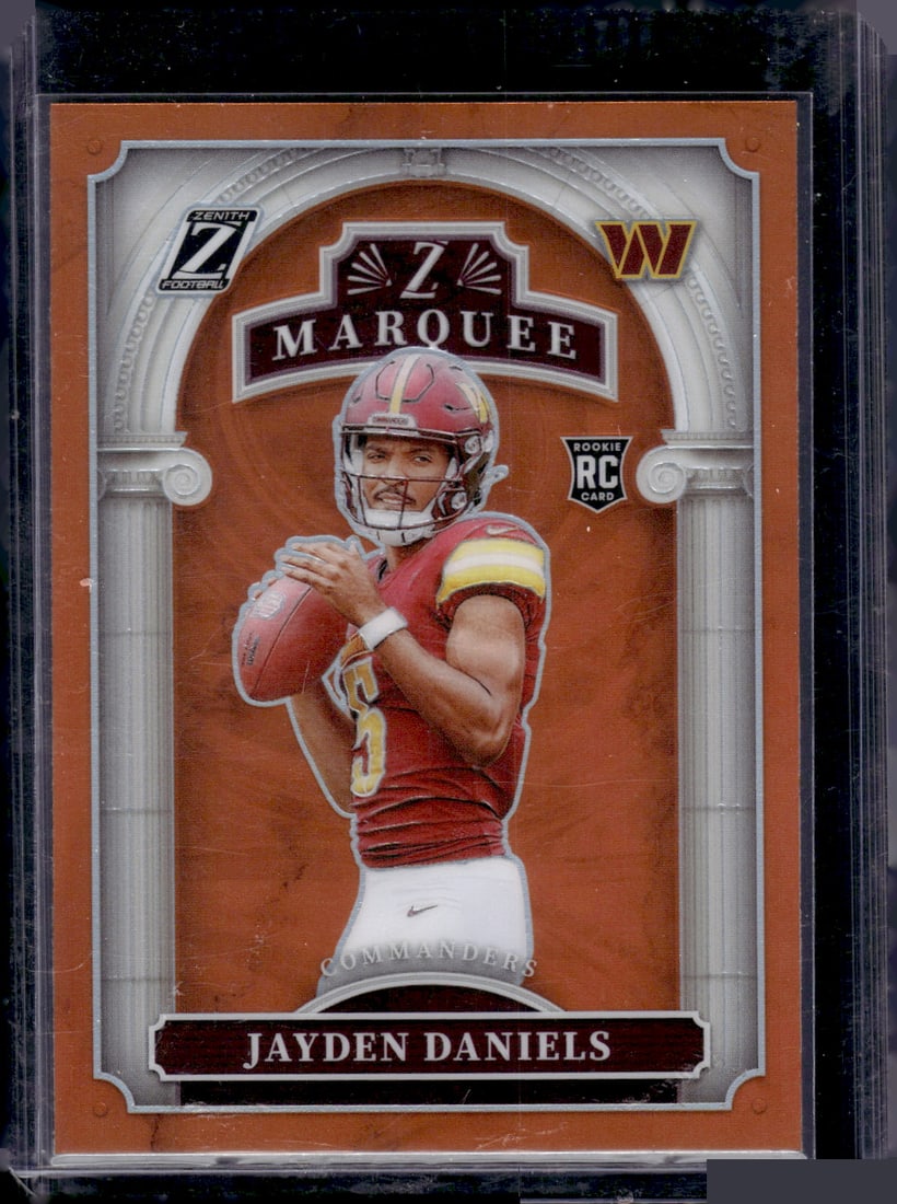 Jayden Daniels Rookie Card Z Marquee Orange 2024 Panini Zenith #2 Commanders: Panini Select, Prizm, Mosaic, Contenders, Zenith, Phoenix, Illusions, Absolute, Rookie NFL Sports Trading Cards, SP, SSP, Cards, Football Cards for Sale Near Me, Superbowl & Hall of Fame Player Cards,