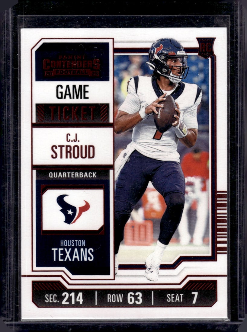 Cj Stroud Rookie Card Red 2023 Panini Contenders #40 Houston Texans Football Card: Panini Select, Prizm, Mosaic, Contenders, Zenith, Phoenix, Illusions, Absolute, Rookie NFL Sports Trading Cards, SP, SSP, Cards, Football Cards for Sale Near Me, Superbowl & Hall of Fame Player Cards,