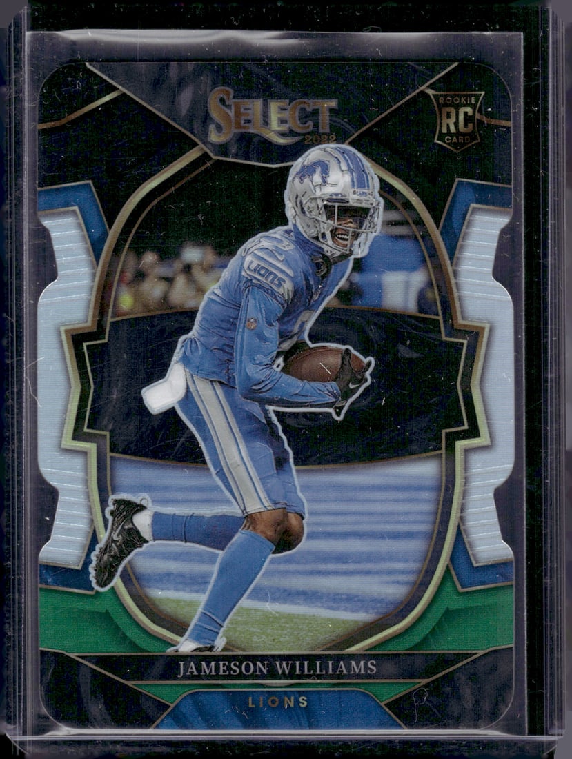 Jameson Williams Rookie Card Black/Green Prizm Die Cut 2022 Select #57 Detroit Lions: Panini Select, Prizm, Mosaic, Contenders, Zenith, Phoenix, Illusions, Absolute, Rookie NFL Sports Trading Cards, SP, SSP, Cards, Football Cards for Sale Near Me, Superbowl & Hall of Fame Player Cards,