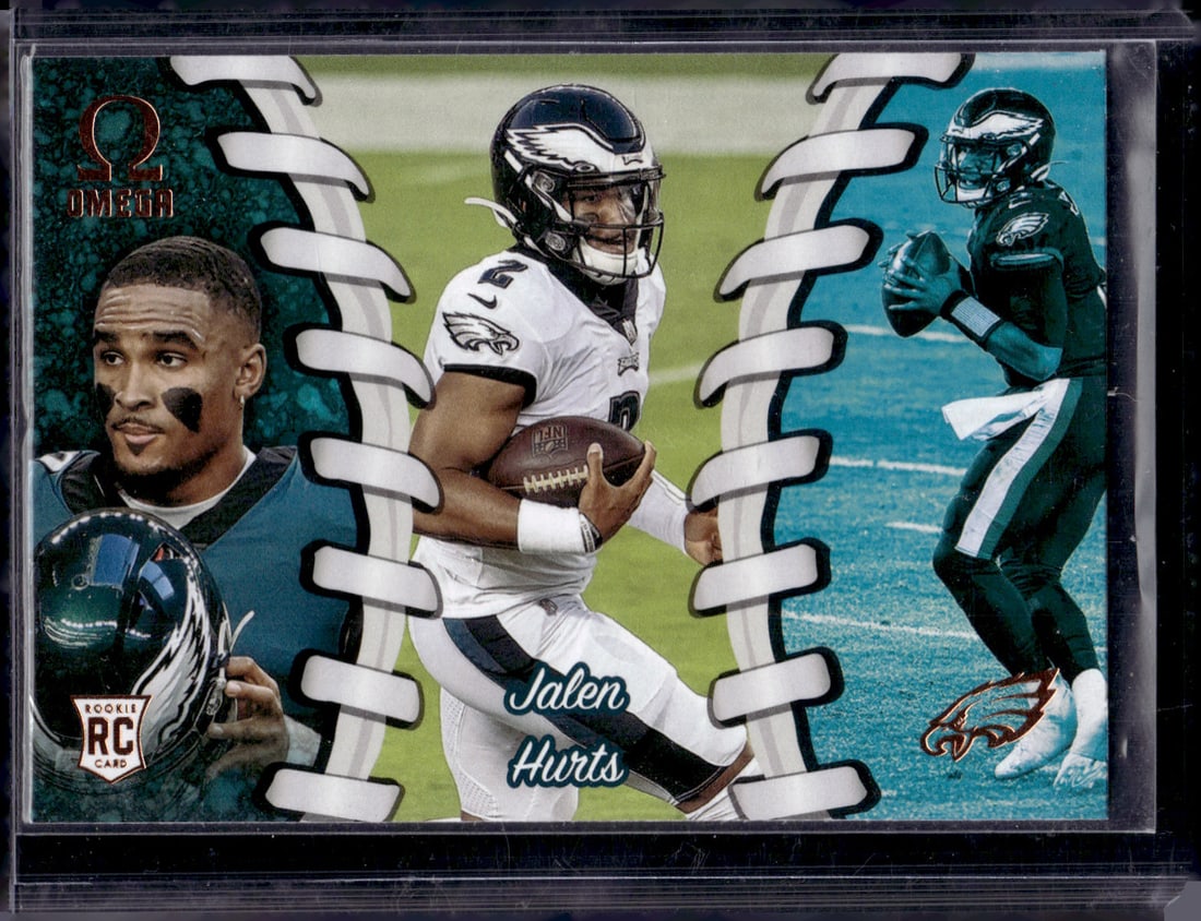 Jalen Hurts Rookie Card 2020 Panini Chronicles Omega #O-5 Philadelphia Eagles: Panini Select, Prizm, Mosaic, Contenders, Zenith, Phoenix, Illusions, Absolute, Rookie NFL Sports Trading Cards, SP, SSP, Cards, Football Cards for Sale Near Me, Superbowl & Hall of Fame Player Cards,
