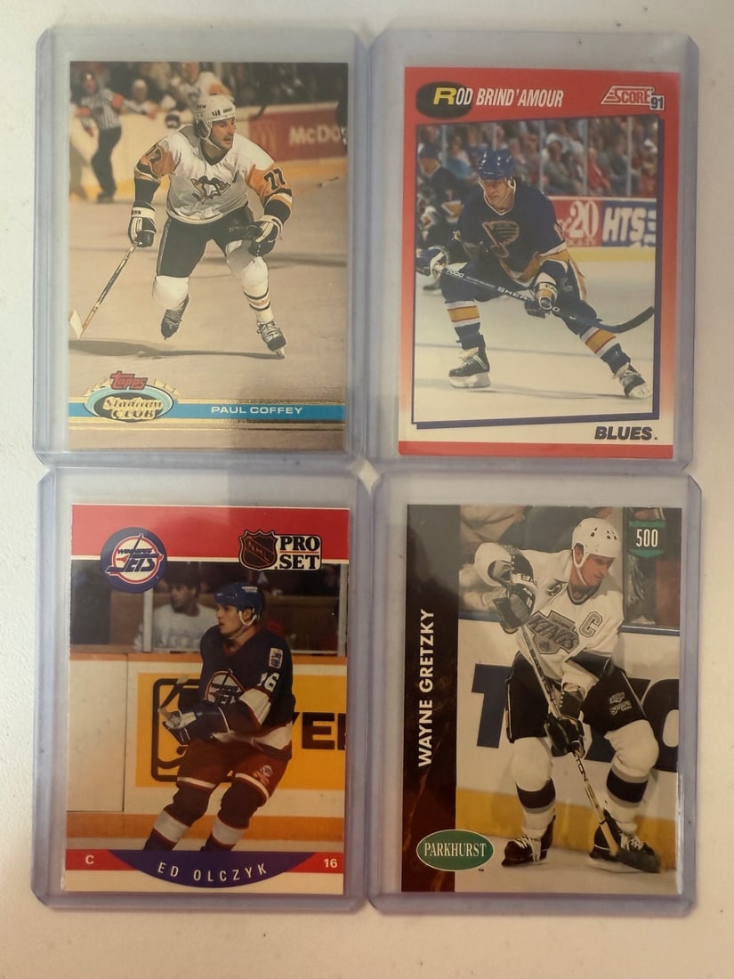 Wayne Gretzky '92 Parkhurst, Paul Coffey '91 Stadium Cluib, Ed Olczyk, Rod Brind 'Amour Hockey Club: Topps Vintage NHL Hockey Trading & Sports Cards, Old Sports Cards for Sale Near Me, Stanley Cup & Hall of Fame Players, Valuable Auction Memorabilia Lots for Sale On Line