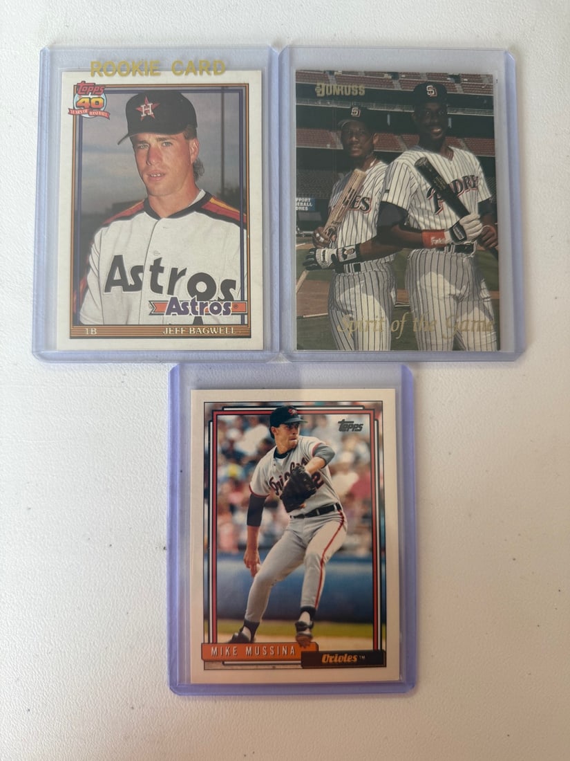 3 Baseball Cards: Jeff Bagwell Rookie Card, Mike Mussina Rookie Card, Gary Sheffield, & Fred McGriff (1 of 2)