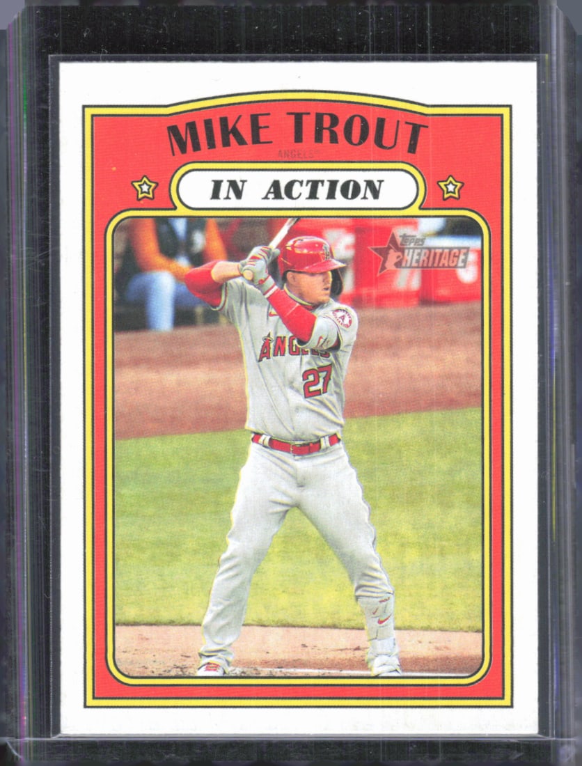 Mike Trout In Action 2021 Topps Heritage #170, 1972 Topps Design, Baseball Card (1 of 2)