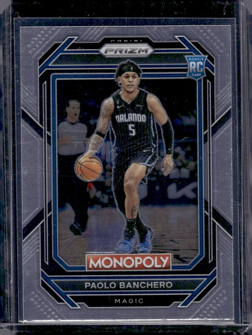 Paolo Banchero Rookie Card 2022-23 Panini Prizm Monopoly #66 Orlando Magic: Panini Select, Prizm, Mosaic, Contenders, Revolution, Phoenix, NBA Hoops, Rookie NFL Sports Trading Cards, Silver, SP, SSP, Wave Prizms, Numbered Cards, Basketball sports Cards for Sale Near Me, NBA C