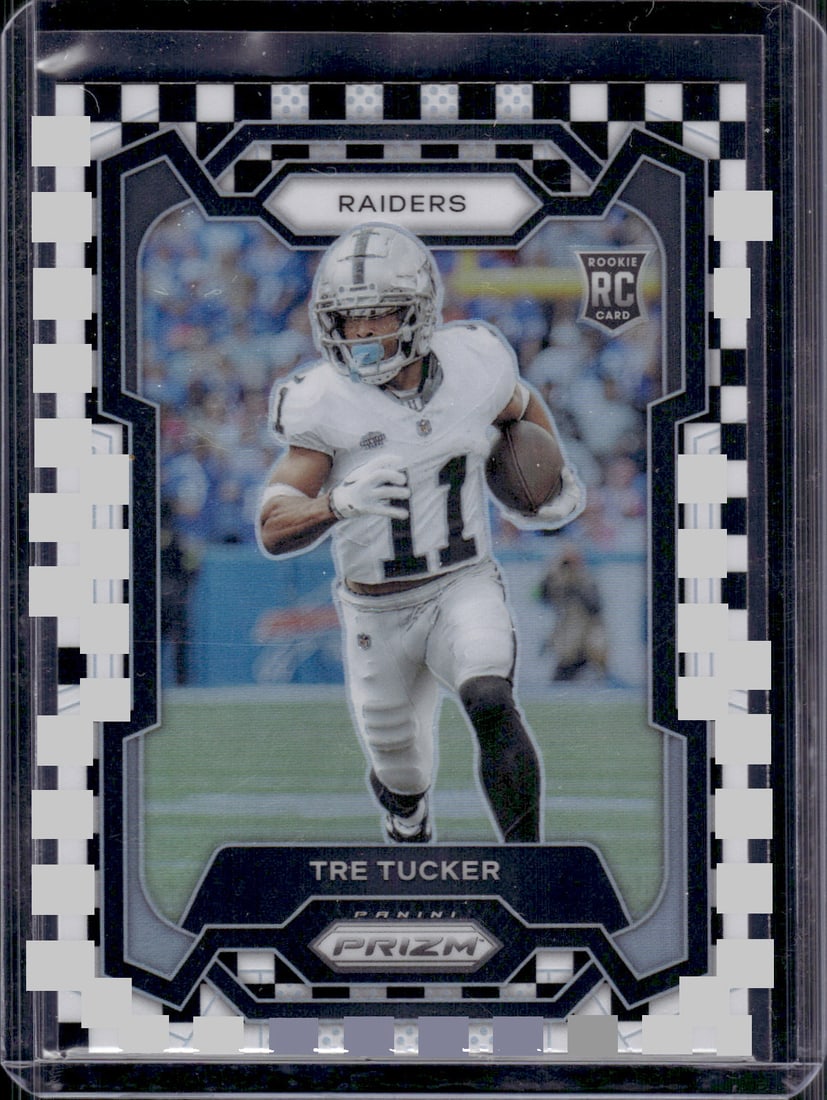 Tre Tucker Rookie Card Black/White Checker Prizm SP 2023 Panini Prizm #362 Las Vegas Raiders: Panini Select, Prizm, Mosaic, Contenders, Zenith, Phoenix, Illusions, Absolute, Rookie NFL Sports Trading Cards, SP, SSP, Cards, Football Cards for Sale Near Me, Superbowl & Hall of Fame Player Cards,
