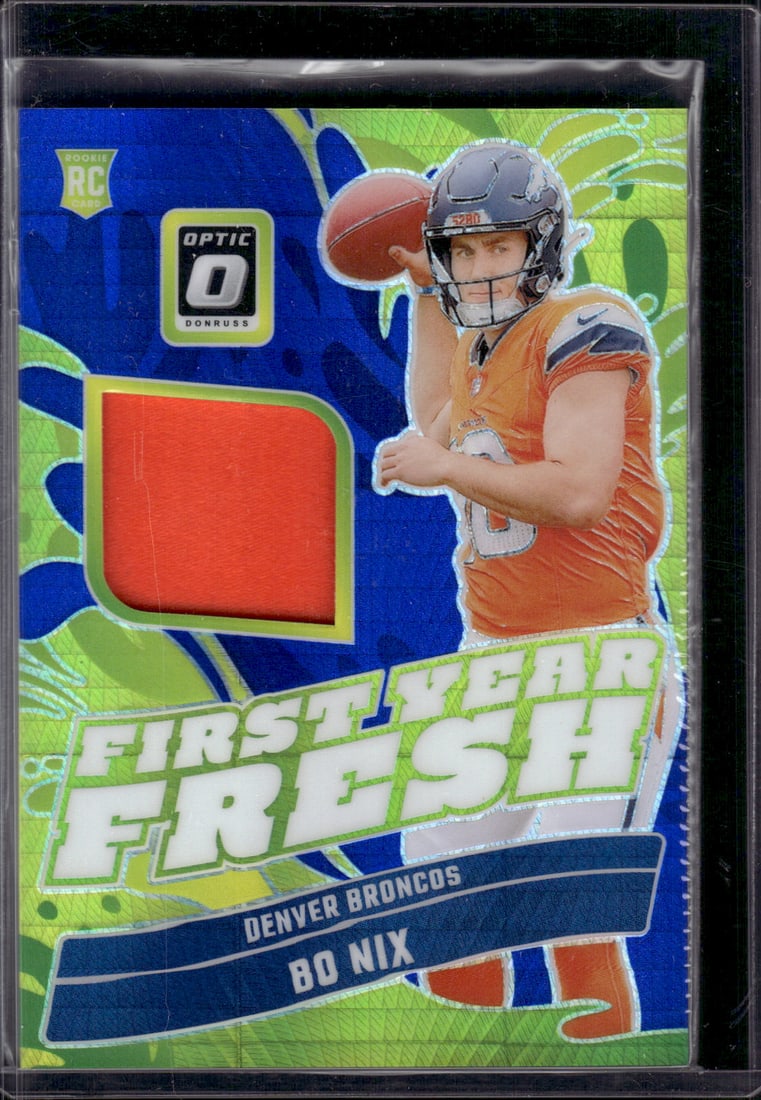 Bo Nix Rookie Card Blue Hyper Prizm Patch 2024 Donruss Optic #FYF-BNX Denver Broncos (1 of 2)