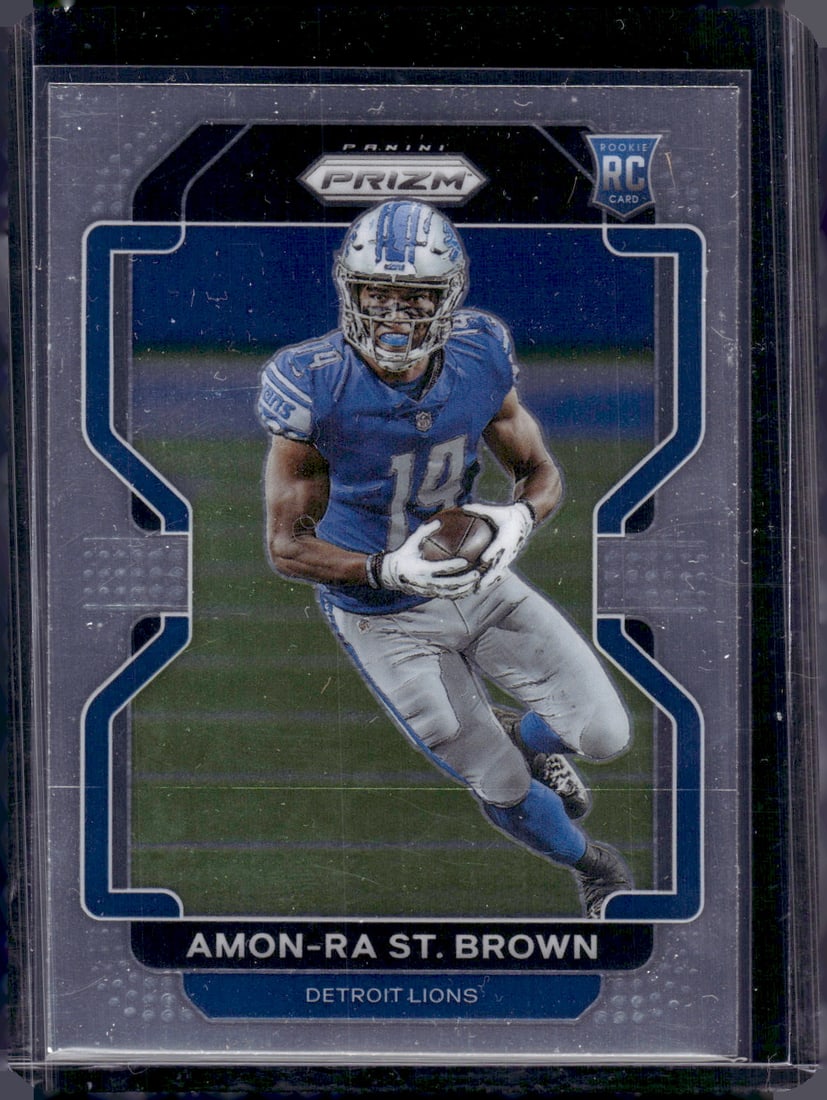 Amon-Ra St. Brown Rookie Card 2021 Panini Prizm #358 Detroit Lions: Panini Select, Prizm, Mosaic, Contenders, Zenith, Phoenix, Illusions, Absolute, Rookie NFL Sports Trading Cards, SP, SSP, Cards, Football Cards for Sale Near Me, Superbowl & Hall of Fame Player Cards,