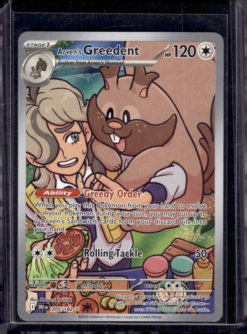 2025 Pokemon Destined Rivals Arven's Greedent Illustration Rare #205: Pokemon Trading Card Game Cards, Charizard, Pikachu, Mewto, EX, Referse Holo, Holo Rare Cards, Secret Rare Cards, Full Art Cards, Evee, 3 Stars Ultra Rare Cards, Double Rare, Illustration Rare, Specia