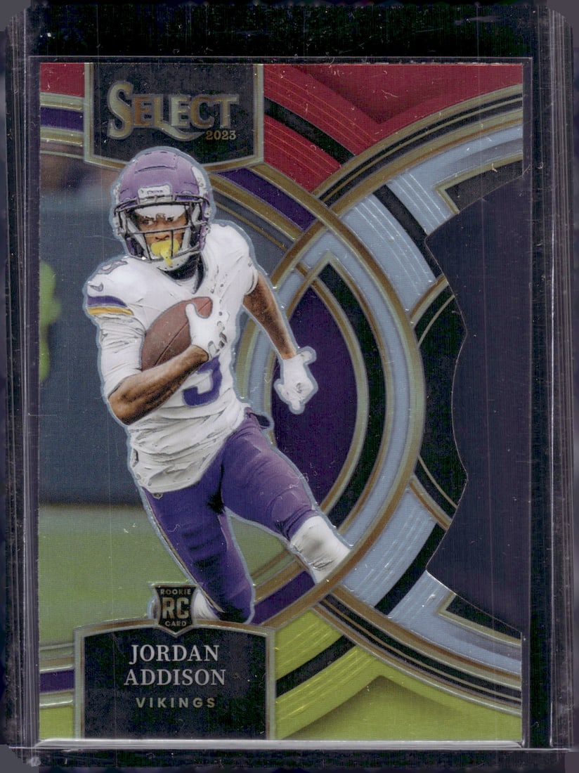 Jordan Addison Rookie Card Red/Yellow Prizm Die Cut 2023 Select #194 Minnesota Vikings (1 of 2)