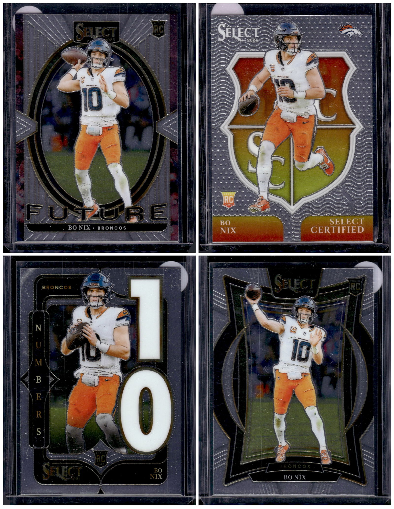 Lot of 4 Bo Nix Rookie Cards 2024 Panini Select. 3 Inserts, 1 Base. Denver Broncos (1 of 1)
