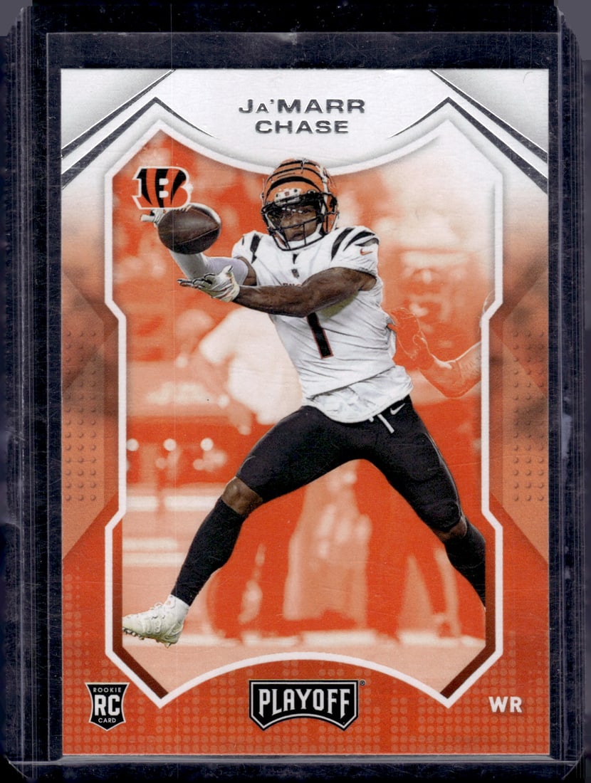 Ja'Marr Chase Rookie Card 2021 Panini Playoff #205 Cincinnati Bengals: Panini Select, Prizm, Mosaic, Contenders, Zenith, Phoenix, Illusions, Absolute, Rookie NFL Sports Trading Cards, SP, SSP, Cards, Football Cards for Sale Near Me, Superbowl & Hall of Fame Player Cards,