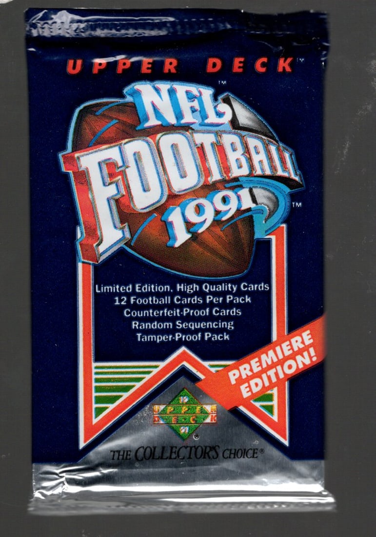 1991 Upper Deck Premier Edition Football Cards Retail Box Wax Pack, Sports Cards: Upper Deck Football NFL Trading & Sports Cards, John Elway, Bo Jackson, Jerry Rice, Dan Marino, Deion Sanders, Old Sports Cards for Sale Near Me, Vintage Valuable Auction Commemorative Lots for Sale O
