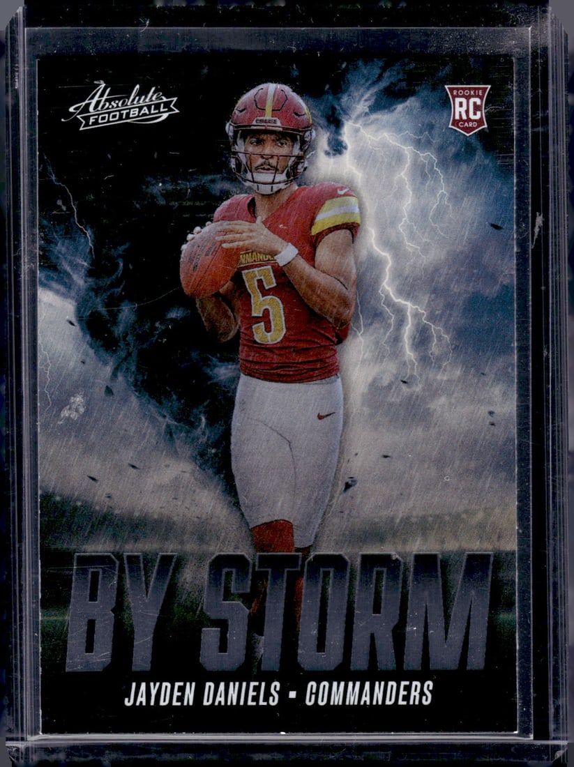 Jayden Daniels Rookie Card By Storm 2024 Panini Absolute #BS-JDS Washington Commanders: Panini Select, Prizm, Mosaic, Contenders, Zenith, Phoenix, Illusions, Absolute, Rookie NFL Sports Trading Cards, SP, SSP, Cards, Football Cards for Sale Near Me, Superbowl & Hall of Fame Player Cards,
