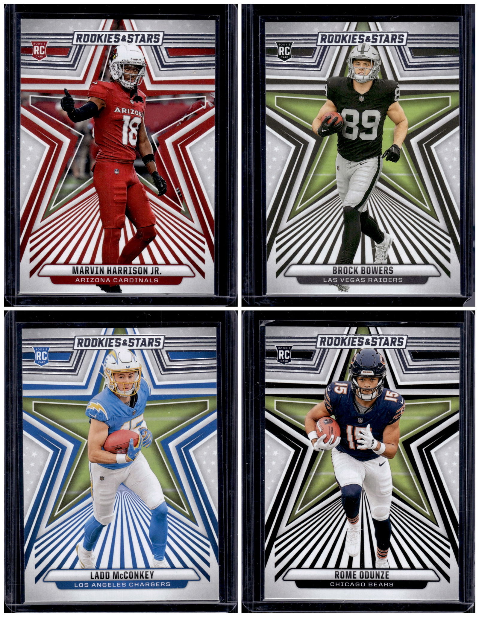 Lot of 4 2024 Rookies & Stars NFL Rookie Cards. Harrison Jr., Bowers, McConkey, Odunze (1 of 1)