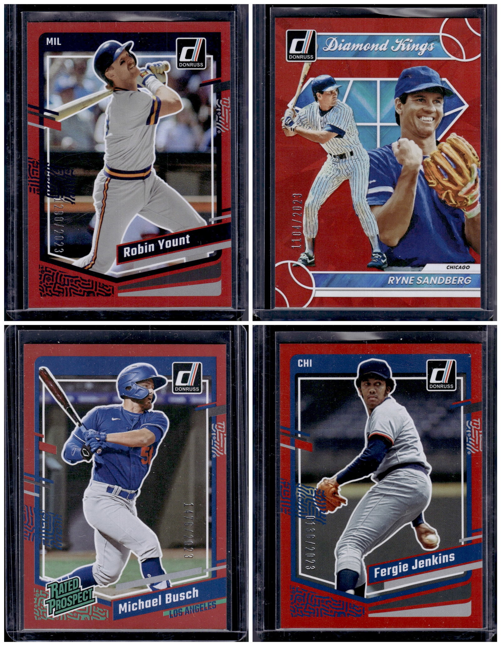 Lot of 4 2023 Donruss MLB Red Foil /2023. Robin Yount, Ryne Sandberg, Busch Prospect, Jenkins: Donruss Baseball MLB Trading & Sports Cards, Sports Cards for Sale Near Me, Prizm, Mosaic, Select, SP, SSP, Auction Memorabilia Lots for Sale On Line, World Series & Hall of Fame Players, Diamond King
