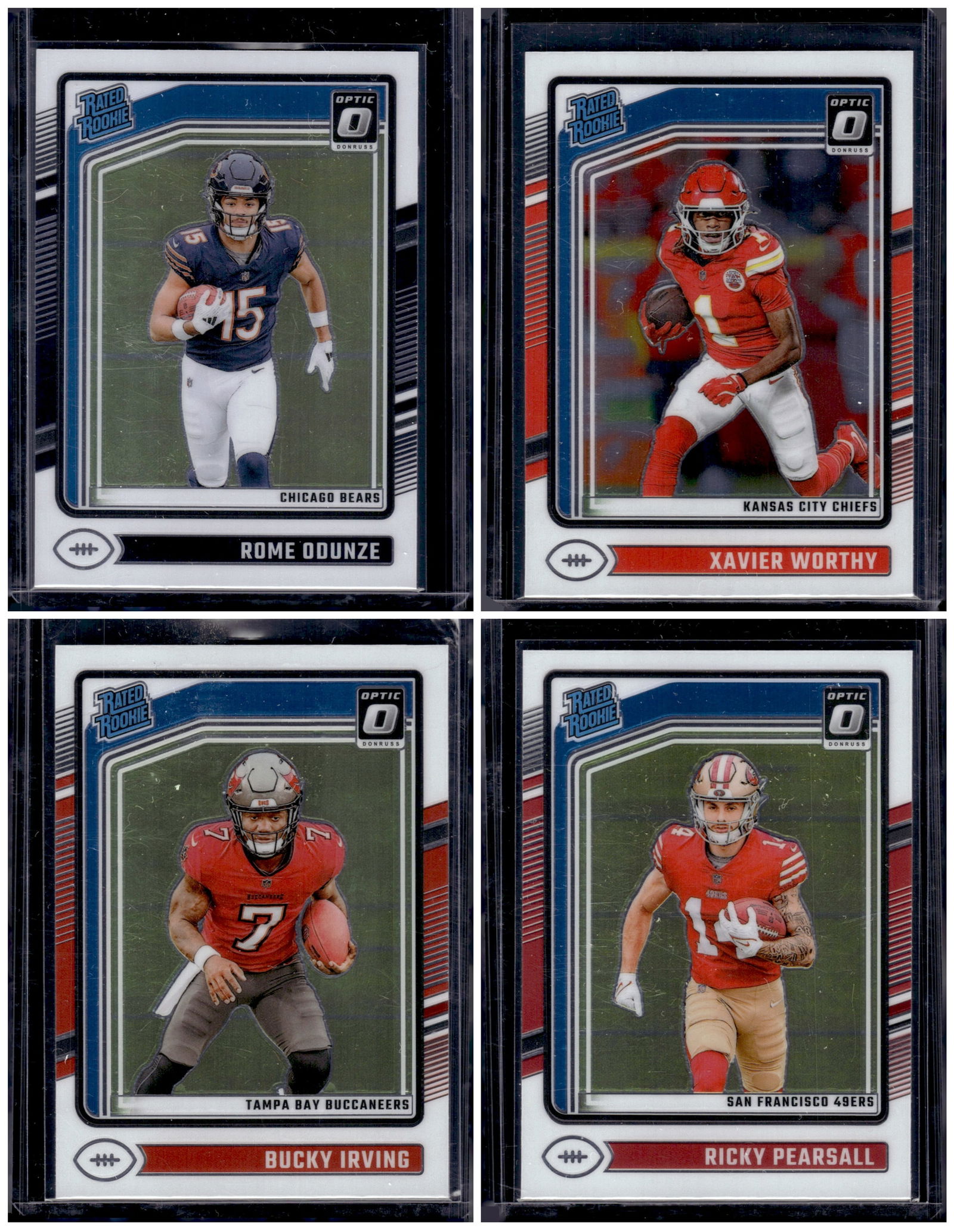 Lot of 4 2024 Donruss Optic NFL Rookie Cards. Rome Odunze, Xavier Worthy, Bucky Irving, Pearsall (1 of 1)