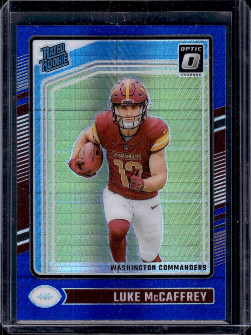 Luke McCaffrey Rookie Card Blue Hyper Prizm 2024 Donruss Optic #268 Commanders: Panini Select, Prizm, Mosaic, Contenders, Zenith, Phoenix, Illusions, Absolute, Rookie NFL Sports Trading Cards, SP, SSP, Cards, Football Cards for Sale Near Me, Superbowl & Hall of Fame Player Cards,