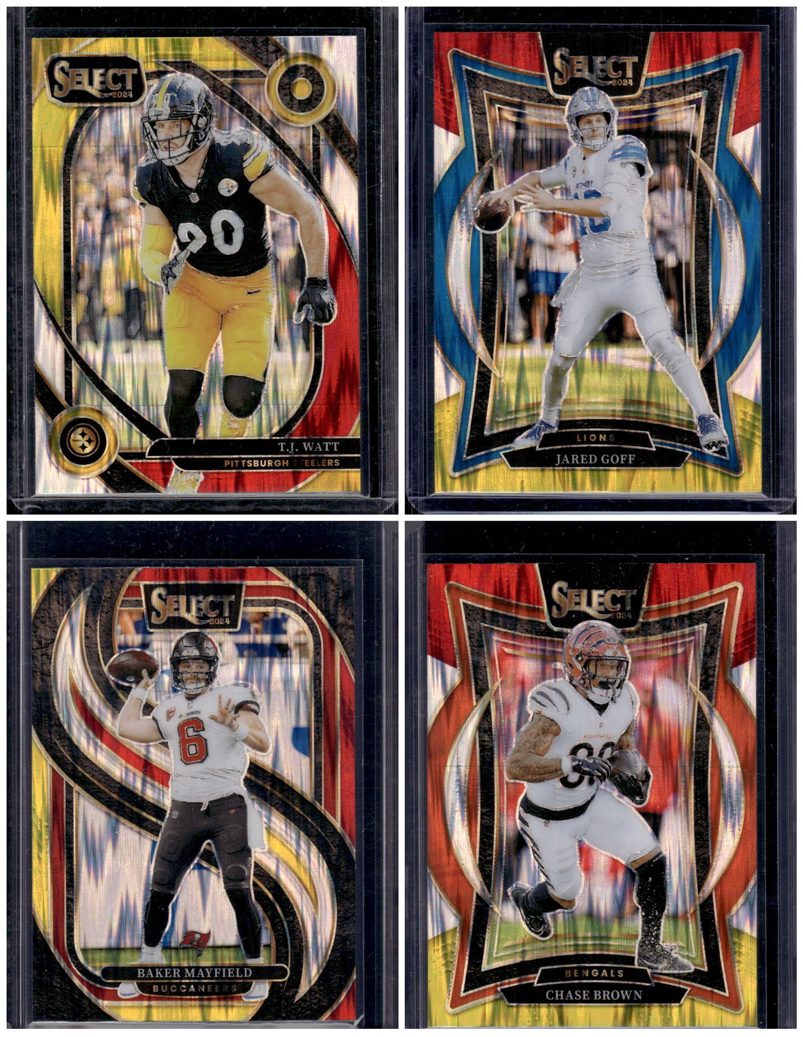 Lot of 4 2024 Select NFL Yellow/Red Shock Prizms. TJ Watt, Jared Goff, Baker Mayfield, Chase Brown (1 of 1)