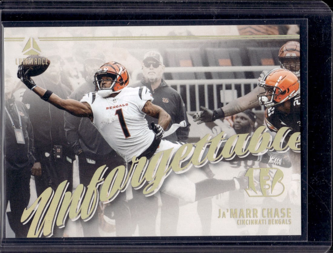 Ja'Marr Chase Unforgettable 2024 Panini Luminance #UNF-JCE Cincinnati Bengals: Panini Select, Prizm, Mosaic, Contenders, Zenith, Phoenix, Illusions, Absolute, Rookie NFL Sports Trading Cards, SP, SSP, Cards, Football Cards for Sale Near Me, Superbowl & Hall of Fame Player Cards,