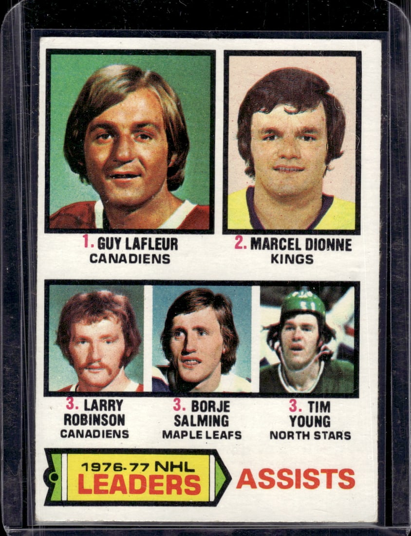 1976-77 NHL Assists Leaders LaFleur/Dionne/Robinson/Salming 1977 Topps #2: Topps Vintage NHL Hockey Trading & Sports Cards, Old Sports Cards for Sale Near Me, Stanley Cup & Hall of Fame Players, Valuable Auction Memorabilia Lots for Sale On Line