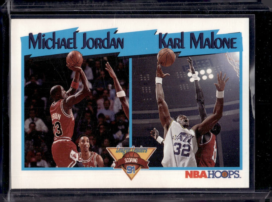 Michael Jordan/Karl Malone League Leaders 1991-92 NBA Hoops #306: Panini Select, Prizm, Mosaic, Contenders, Revolution, Phoenix, NBA Hoops, Rookie NFL Sports Trading Cards, Silver, SP, SSP, Wave Prizms, Numbered Cards, Basketball sports Cards for Sale Near Me, NBA C