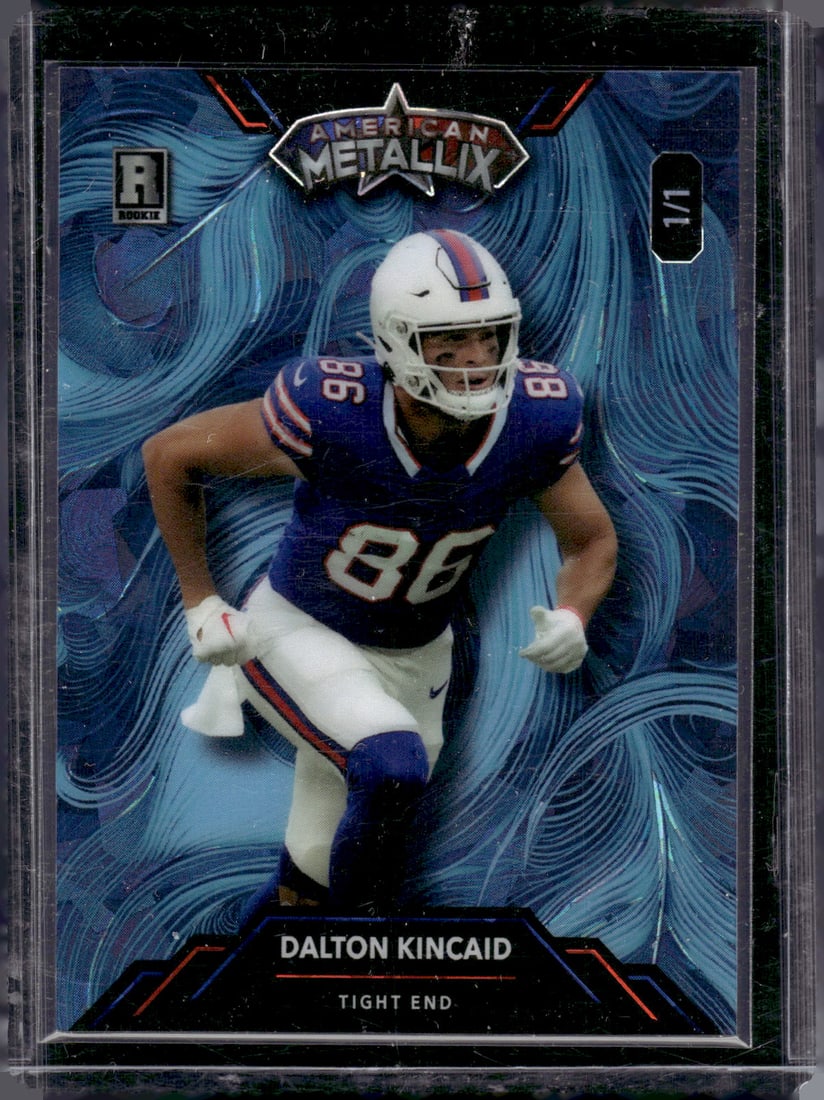 Dalton Kincaid 1/1 2023 Wild Card American Metallix #WMMF-DK: Panini Select, Prizm, Mosaic, Contenders, Zenith, Phoenix, Illusions, Absolute, Rookie NFL Sports Trading Cards, SP, SSP, Cards, Football Cards for Sale Near Me, Superbowl & Hall of Fame Player Cards,