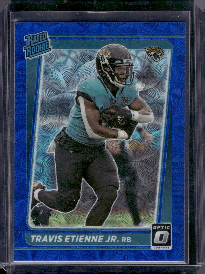 Travis Etienne Jr. Rookie Card Blue Scope Prizm 2021 Donruss Optic #214: Panini Select, Prizm, Mosaic, Contenders, Zenith, Phoenix, Illusions, Absolute, Rookie NFL Sports Trading Cards, SP, SSP, Cards, Football Cards for Sale Near Me, Superbowl & Hall of Fame Player Cards,