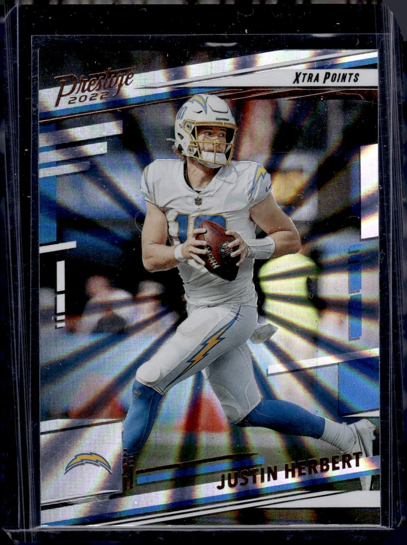 Justin Herbert Xtra Points Sunburst 2022 Panini Prestige #151 Chargers: Panini Select, Prizm, Mosaic, Contenders, Zenith, Phoenix, Illusions, Absolute, Rookie NFL Sports Trading Cards, SP, SSP, Cards, Football Cards for Sale Near Me, Superbowl & Hall of Fame Player Cards,