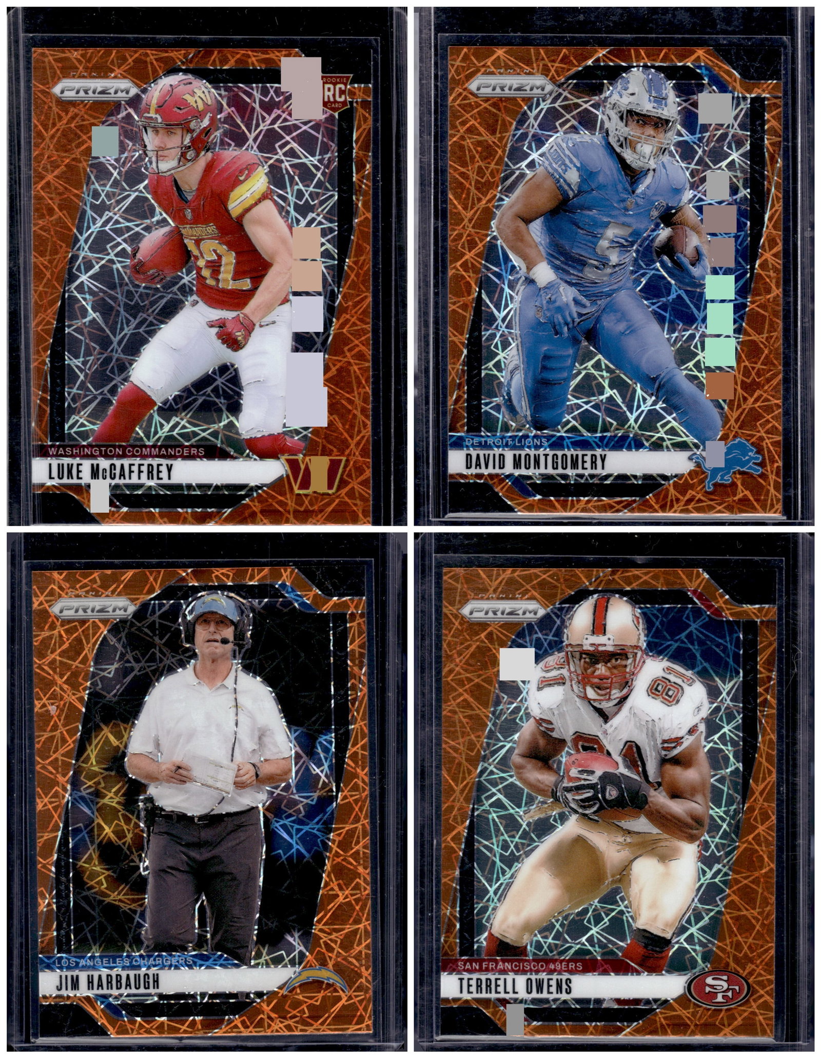 Lot of 4 2024 Panini Prizm NFL Orange Lazers. Luke McCaffrey RC, Montgomery, Owens, Harbaugh: Panini Select, Prizm, Mosaic, Contenders, Zenith, Phoenix, Illusions, Absolute, Rookie NFL Sports Trading Cards, SP, SSP, Cards, Football Cards for Sale Near Me, Superbowl & Hall of Fame Player Cards,