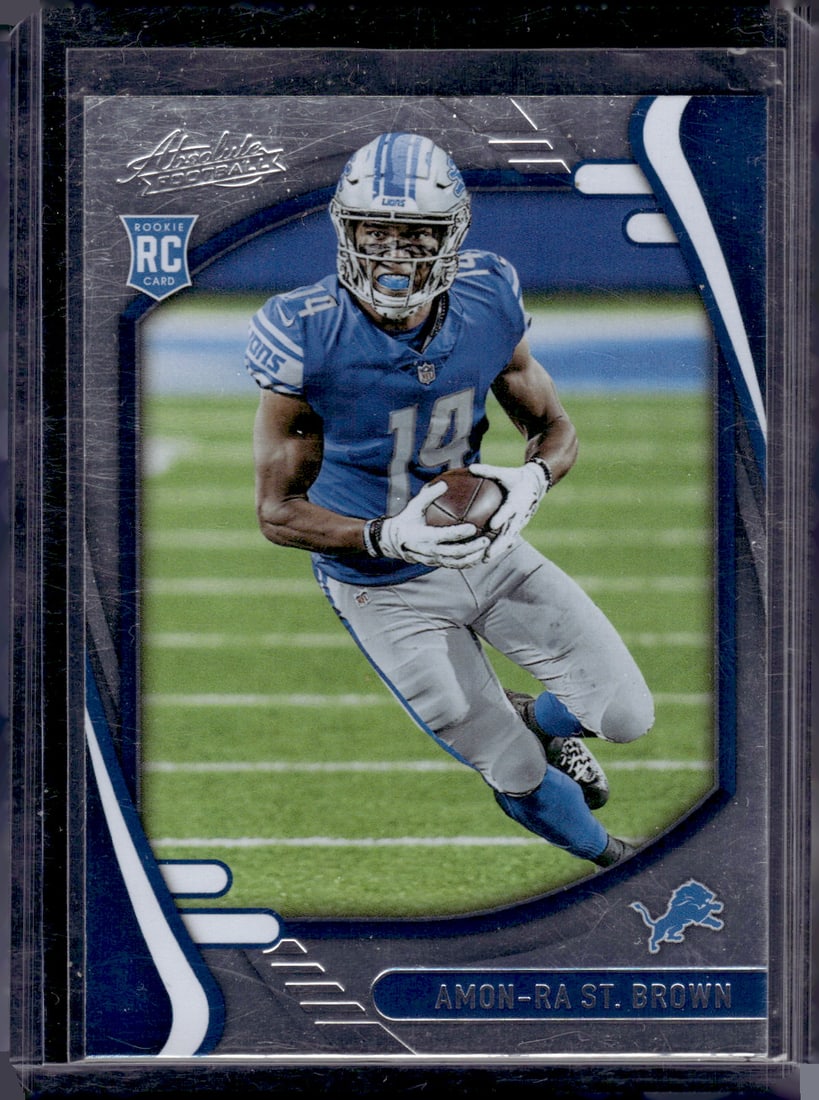 Amon-Ra St. Brown Rookie Card 2021 Panini Absolute #131 Detroit Lions: Panini Select, Prizm, Mosaic, Contenders, Zenith, Phoenix, Illusions, Absolute, Rookie NFL Sports Trading Cards, SP, SSP, Cards, Football Cards for Sale Near Me, Superbowl & Hall of Fame Player Cards,