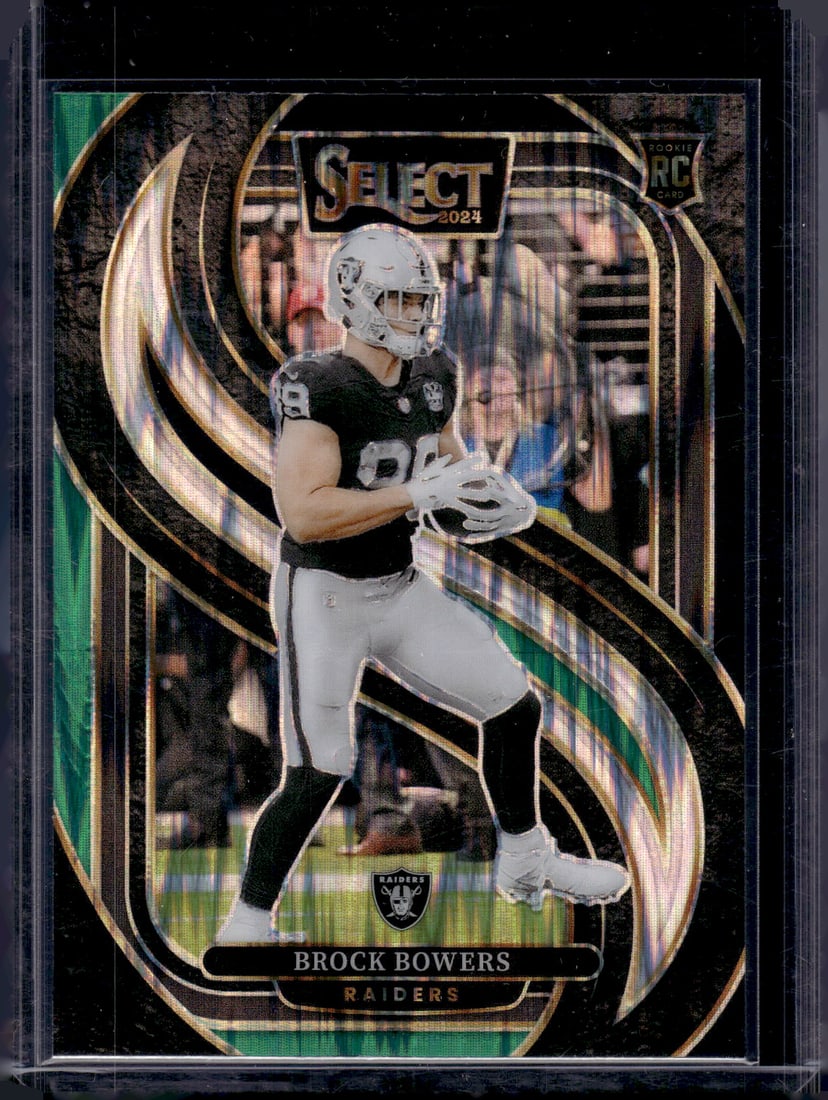 Brock Bowers Rookie Card Green/Black Shock Prizm 2024 Select #118 Raiders: Panini Select, Prizm, Mosaic, Contenders, Zenith, Phoenix, Illusions, Absolute, Rookie NFL Sports Trading Cards, SP, SSP, Cards, Football Cards for Sale Near Me, Superbowl & Hall of Fame Player Cards,