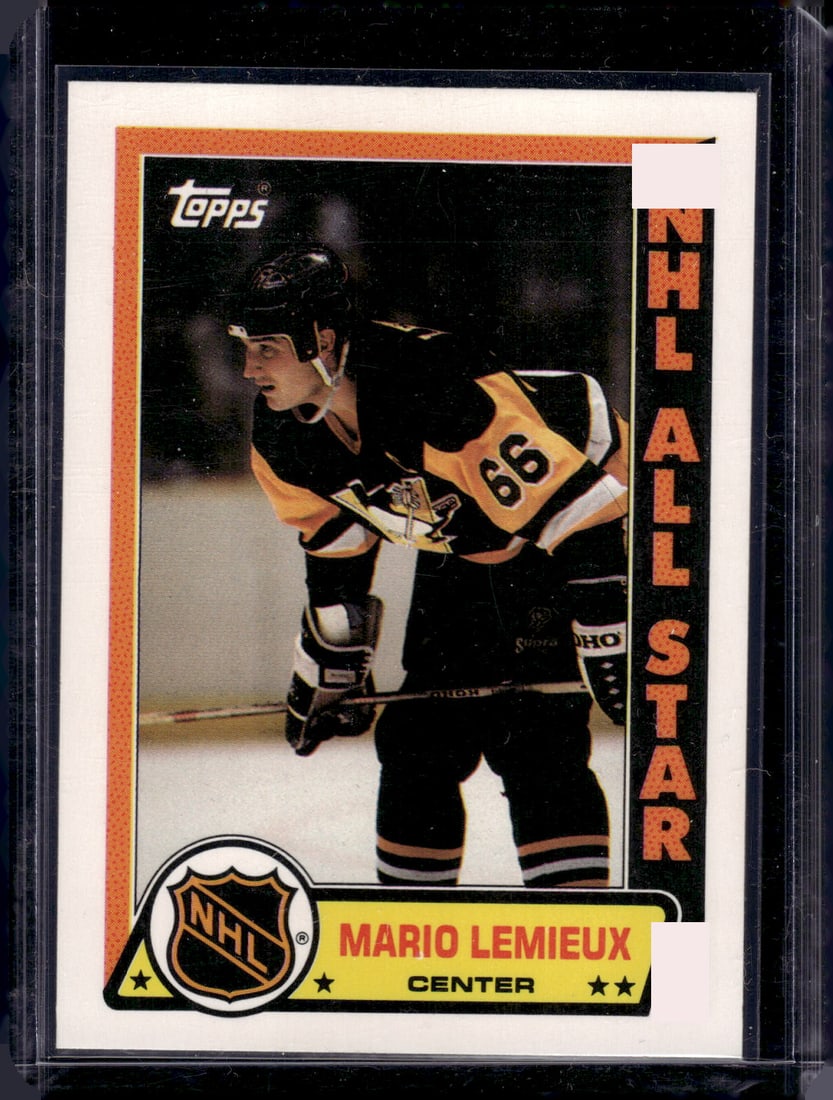 Mario Lemieux 1989-90 Topps Sticker #3 Pittsburgh Penguins: Topps Vintage NHL Hockey Trading & Sports Cards, Old Sports Cards for Sale Near Me, Stanley Cup & Hall of Fame Players, Valuable Auction Memorabilia Lots for Sale On Line