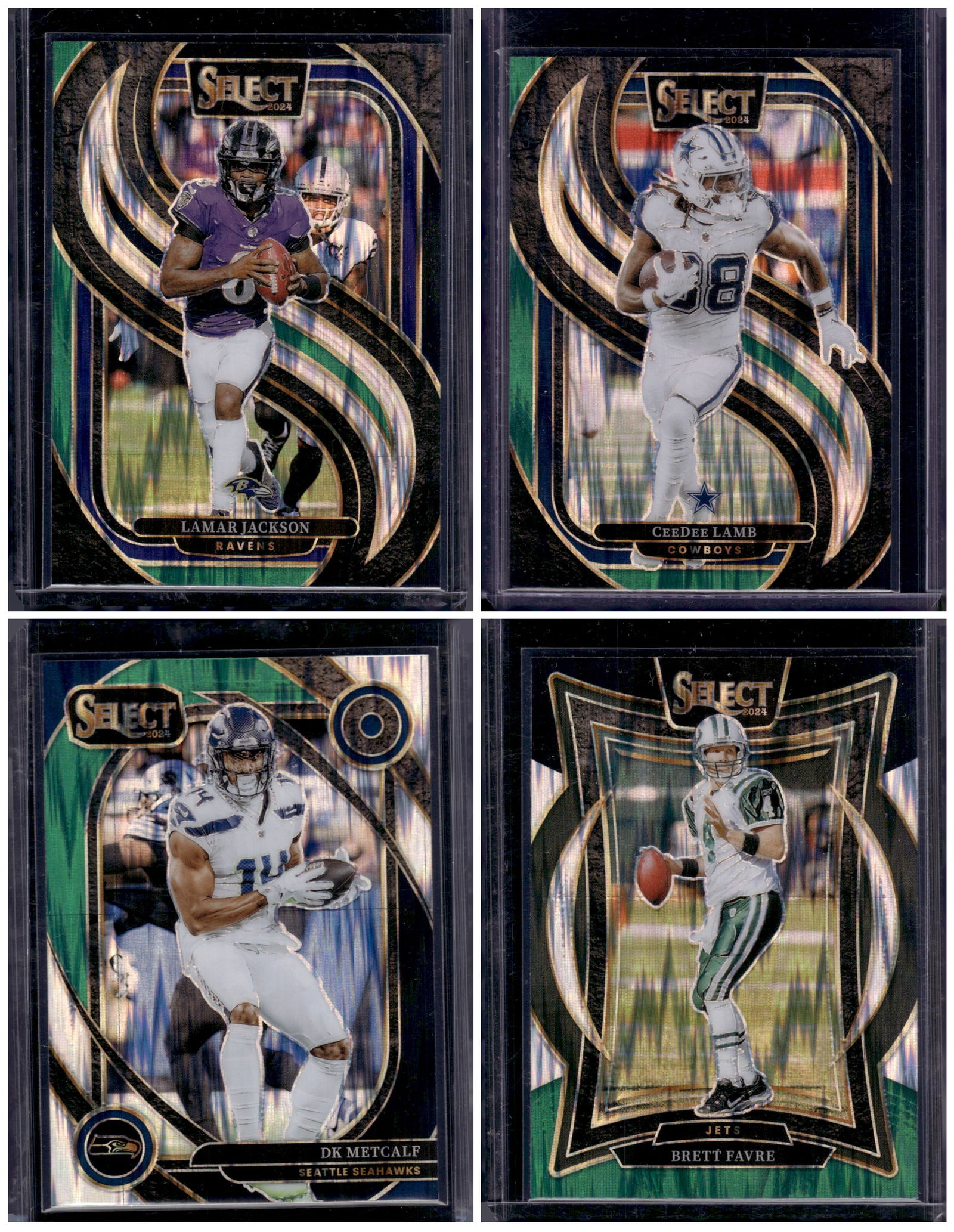 Lot of 4 2024 Select NFL Green/Black Shock Prizms. Lamar Jackson, Metcalf, Lamb, Favre (1 of 1)