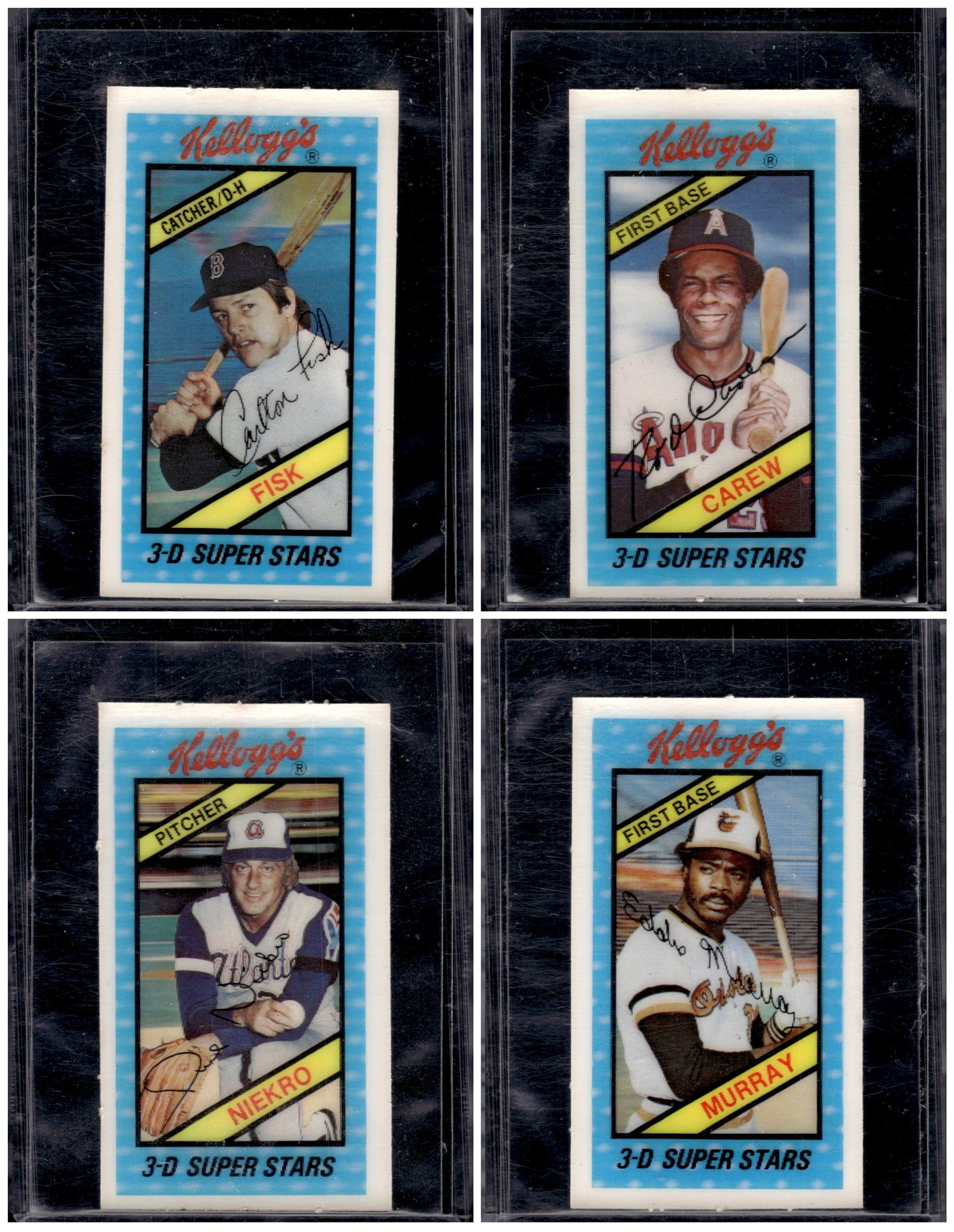 Lot of 4 1980 Kellogg's 3D Super Stars. Fisk, Carew, Niekro, Murray (1 of 2)