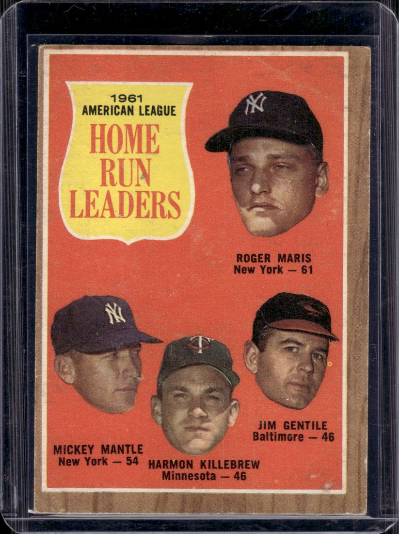 1961 AL HR Leaders Mickey Mantle/Maris/Killebrew 1962 Topps #53 Vintage Baseball Card (1 of 2)