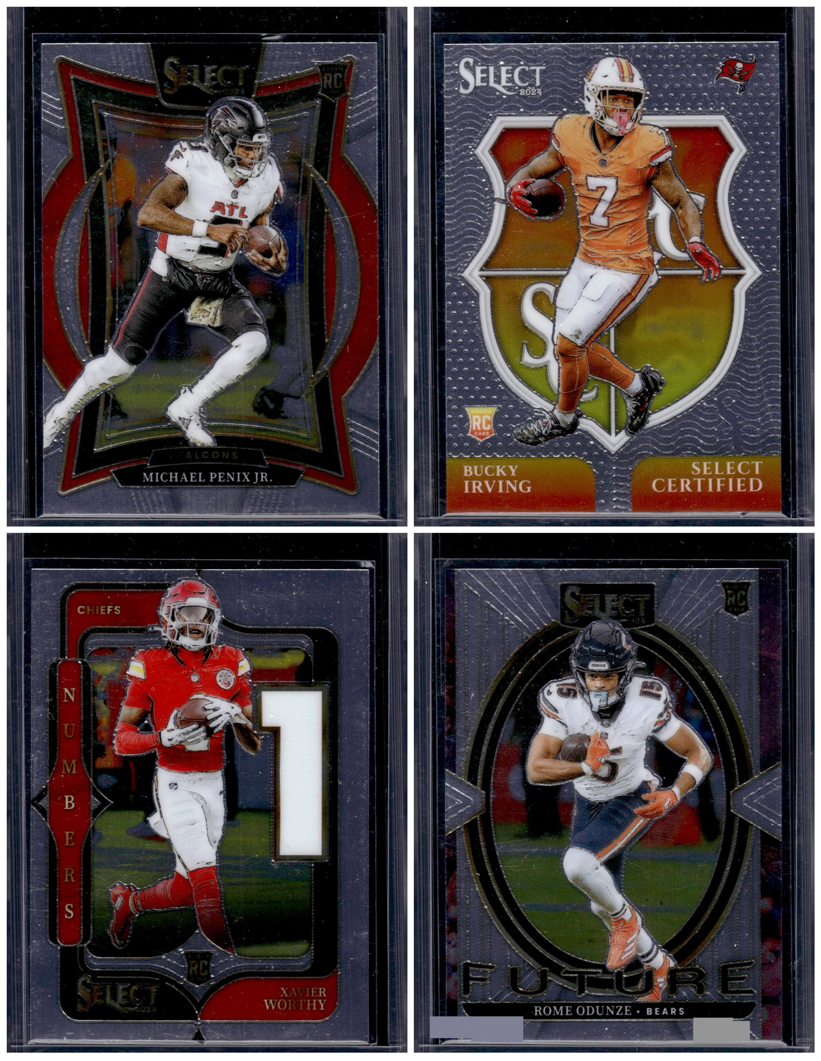 Lot of 4 2024 Select NFL Rookie Cards. Penix Jr., Bucky Irving, Rome Odunze, Xavier Worthy: Panini Select, Prizm, Mosaic, Contenders, Zenith, Phoenix, Illusions, Absolute, Rookie NFL Sports Trading Cards, SP, SSP, Cards, Football Cards for Sale Near Me, Superbowl & Hall of Fame Player Cards,