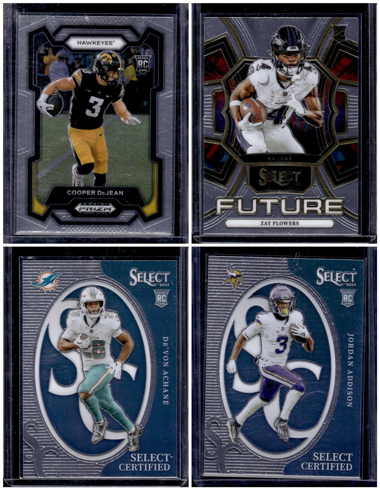 Lot of 4 Football Rookie Cards. DeJean, Flowers, Achane, Addison: Panini Select, Prizm, Mosaic, Contenders, Zenith, Phoenix, Illusions, Absolute, Rookie NFL Sports Trading Cards, SP, SSP, Cards, Football Cards for Sale Near Me, Superbowl & Hall of Fame Player Cards,