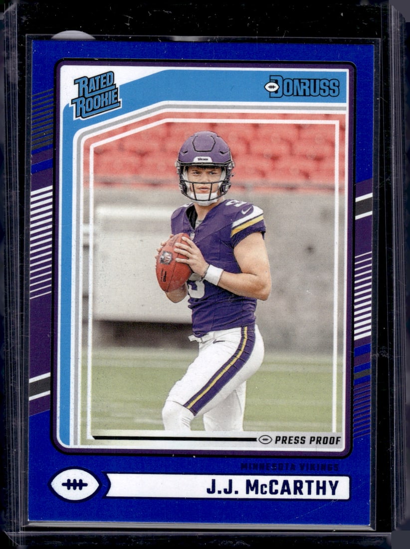 JJ McCarthy Rookie Card Blue Press Proof 2024 Panini Donruss #303 Minnesota Vikings (1 of 2)