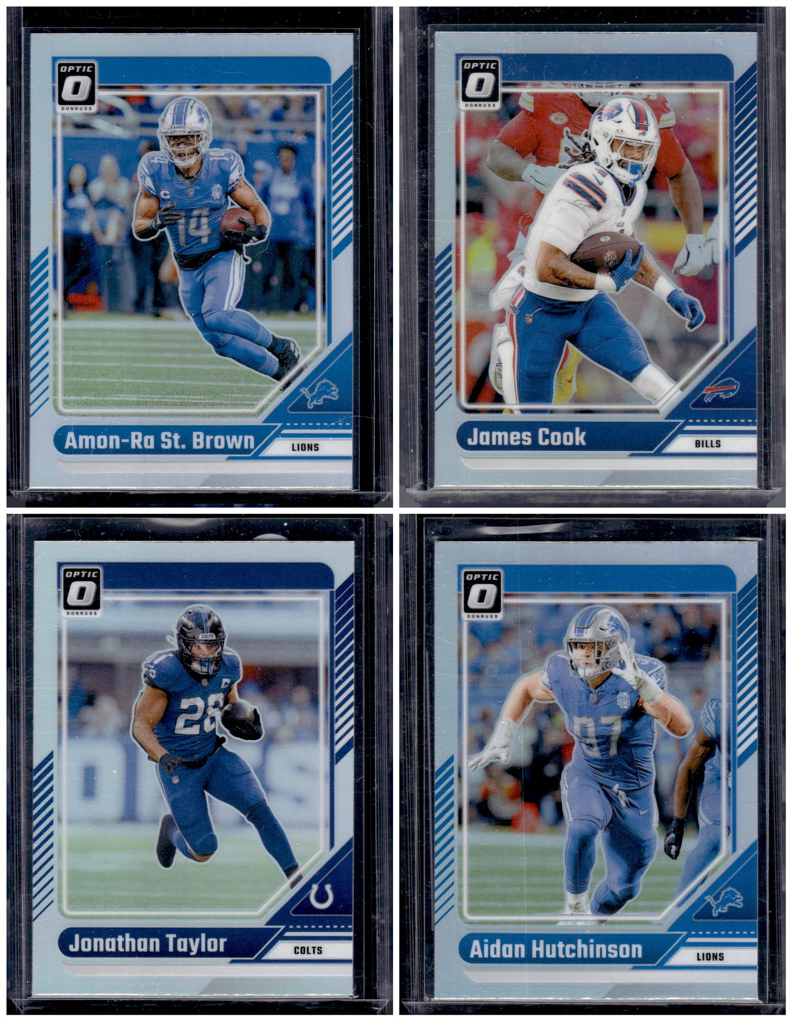 Lot of 4 2024 Donruss Optic NFL Holo Prizms. Amon-Ra St. Brown, James Cook, Taylor, Hutchinson: Donruss Optic Football NLF Trading & Sports Cards, Sports Cards for Sale Near Me, Valuable Memorabilia Auction Lots Sold On Line, SP, SSP
