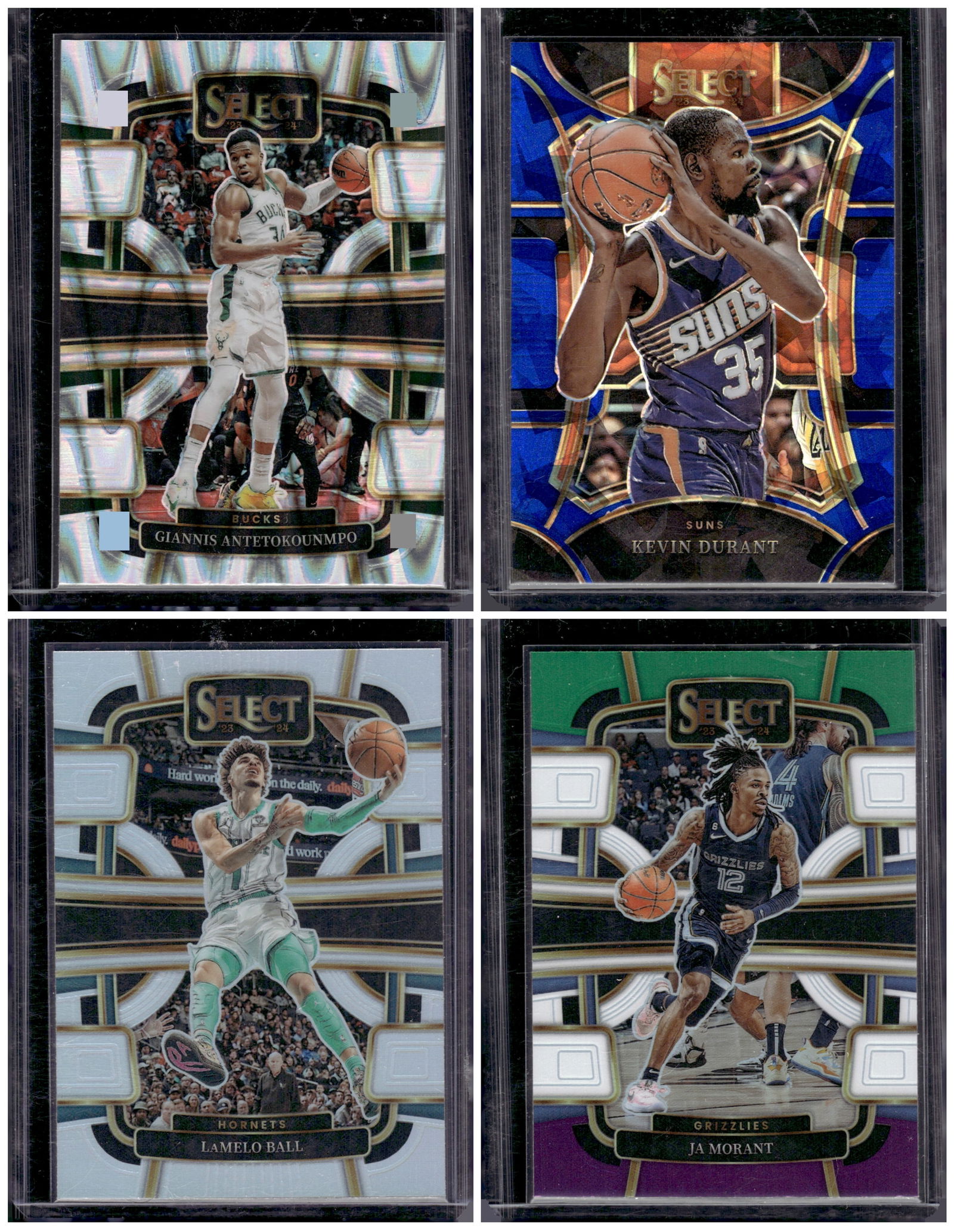 Lot of 4 2023-24 Select NBA Prizms & Cracked Ices. Antetokounmpo, Durant, Ball, Morant (1 of 1)