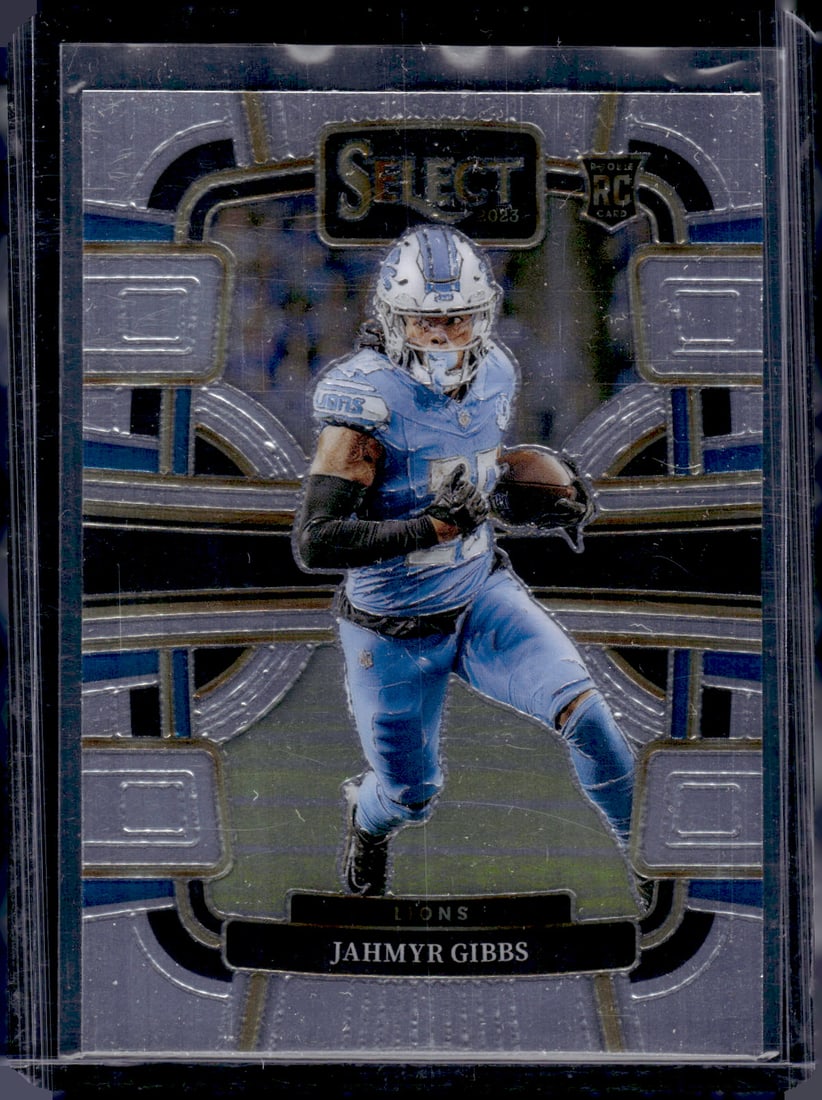 Jahmyr Gibbs Rookie Card 2023 Panini Select #34 Detroit Lions: Panini Select, Prizm, Mosaic, Contenders, Zenith, Phoenix, Illusions, Absolute, Rookie NFL Sports Trading Cards, SP, SSP, Cards, Football Cards for Sale Near Me, Superbowl & Hall of Fame Player Cards,