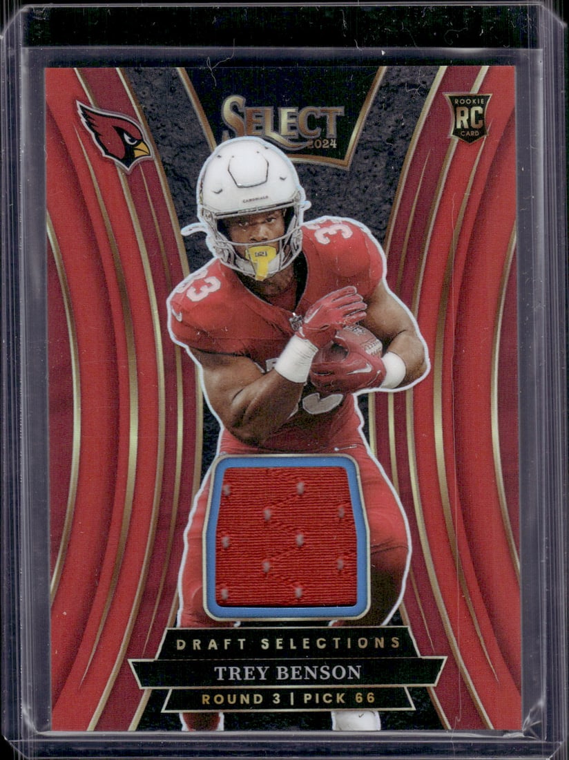 Trey Benson Rookie Card Red Prizm Patch 2024 Panini Select #DSM-TBN Cardianls: Panini Select, Prizm, Mosaic, Contenders, Zenith, Phoenix, Illusions, Absolute, Rookie NFL Sports Trading Cards, SP, SSP, Cards, Football Cards for Sale Near Me, Superbowl & Hall of Fame Player Cards,