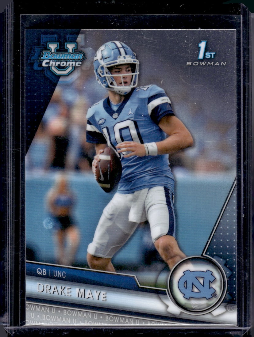 Drake Maye 1st Bowman 2023 Bowman U Chrome #200 North Carolina Tarheels, Patriots: Panini Select, Prizm, Mosaic, Contenders, Zenith, Phoenix, Illusions, Absolute, Rookie NFL Sports Trading Cards, SP, SSP, Cards, Football Cards for Sale Near Me, Superbowl & Hall of Fame Player Cards,