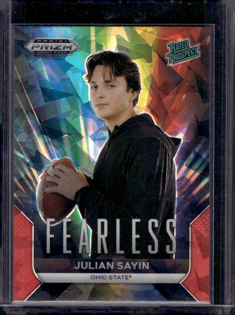 Julian Sayin Rated Prospect Red Cracked Ice 2024 Prizm Draft Picks #F-JS Ohio State Buckeyes: Panini Select, Prizm, Mosaic, Contenders, Zenith, Phoenix, Illusions, Absolute, Rookie NFL Sports Trading Cards, SP, SSP, Cards, Football Cards for Sale Near Me, Superbowl & Hall of Fame Player Cards,