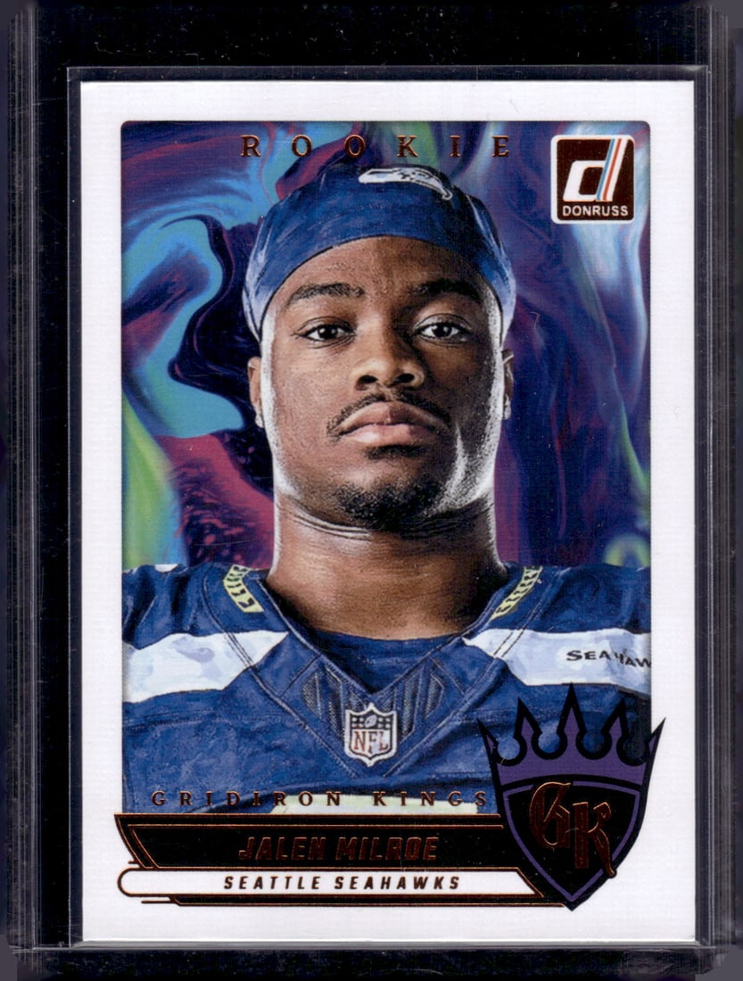 Jalen Milroe Rookie Card Gridiron Kings 2025 Panini Donruss #RGK-JME Seahawks: Panini Select, Prizm, Mosaic, Contenders, Zenith, Phoenix, Illusions, Absolute, Rookie NFL Sports Trading Cards, SP, SSP, Cards, Football Cards for Sale Near Me, Superbowl & Hall of Fame Player Cards,