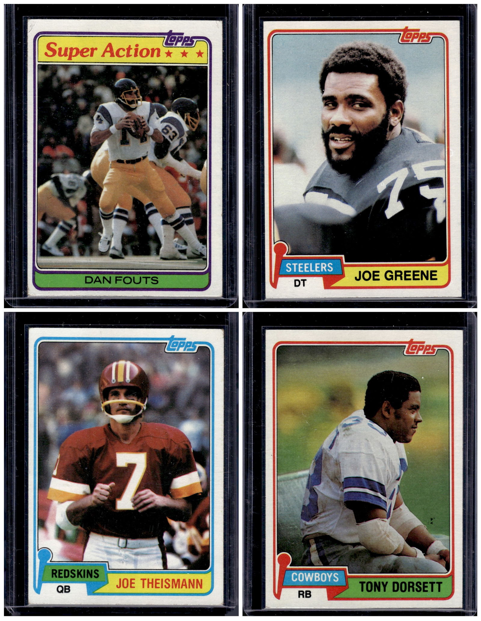 Lot of 4 1981 Topps Football Cards. Joe Greene, Tony Dorsett, Dan Fouts, Joe Theismann (1 of 2)