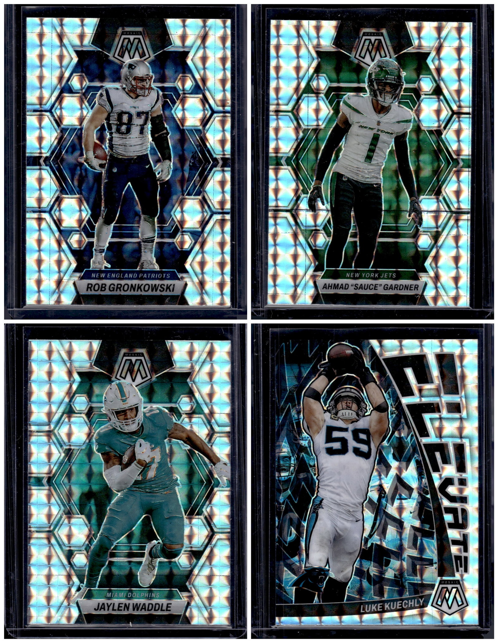 Lot of 4 2023 Mosaic NFL Silver Mosiac Prizms. Gronkowski, Sauce Gardner, Waddle, Kuechly: Panini Select, Prizm, Mosaic, Contenders, Zenith, Phoenix, Illusions, Absolute, Rookie NFL Sports Trading Cards, SP, SSP, Cards, Football Cards for Sale Near Me, Superbowl & Hall of Fame Player Cards,